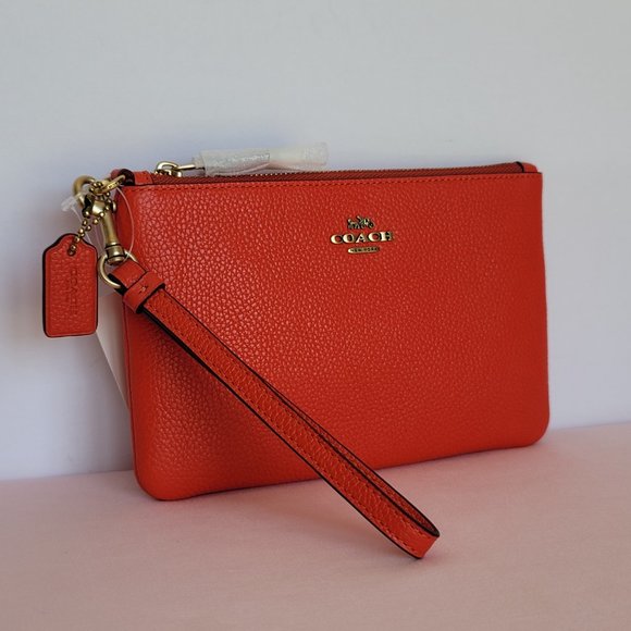 COACH Small Wristlet in Polished Pebbled Leather -Red Orange - Picture 4 of 16